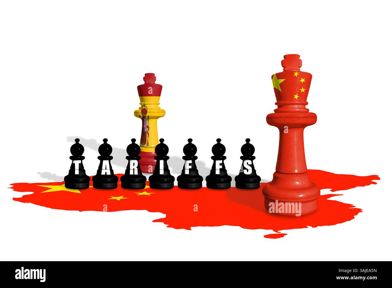 Schach aus spanischen und chinesischen Flaggen. Handel, Zölle, Zölle und Zollkrieg in Europa und China Stockfoto