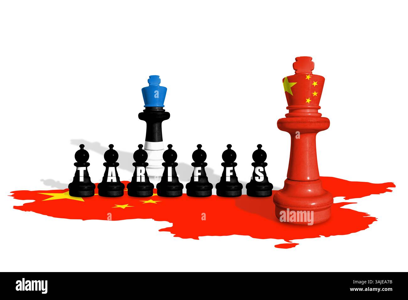 Schach aus Estland- und China-Flaggen. Handel, Zölle, Zölle und Zollkrieg in Europa und China Stockfoto