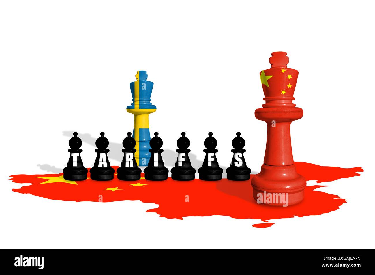 Schach aus Schweden und China-Flaggen. Handel, Zölle, Zölle und Zollkrieg in Europa und China Stockfoto