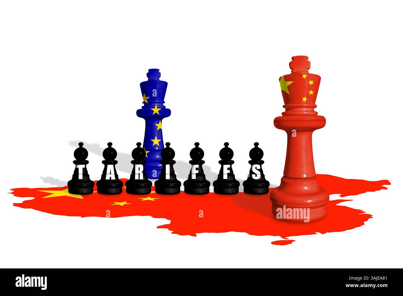 Schach aus EU- und China-Flaggen. Handel, Zölle, Zölle und Zollkrieg in Europa und China Stockfoto