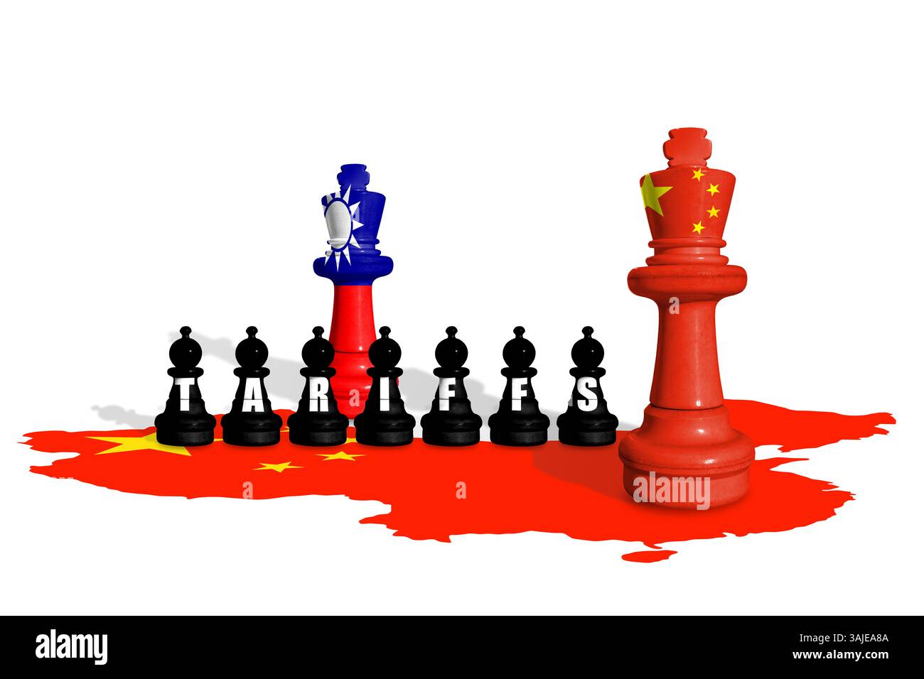 Schach aus Taiwan- und China-Flaggen. Handel, Zölle, Zoll und Zollkrieg Stockfoto
