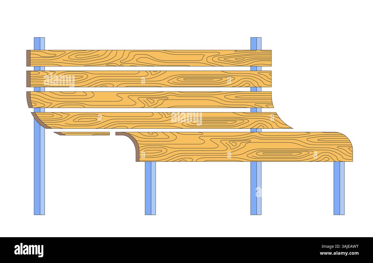 Parkbank aus Holz mit 2D-Zeichentrickobjekten und gebogenen Sitzbänken Stock Vektor
