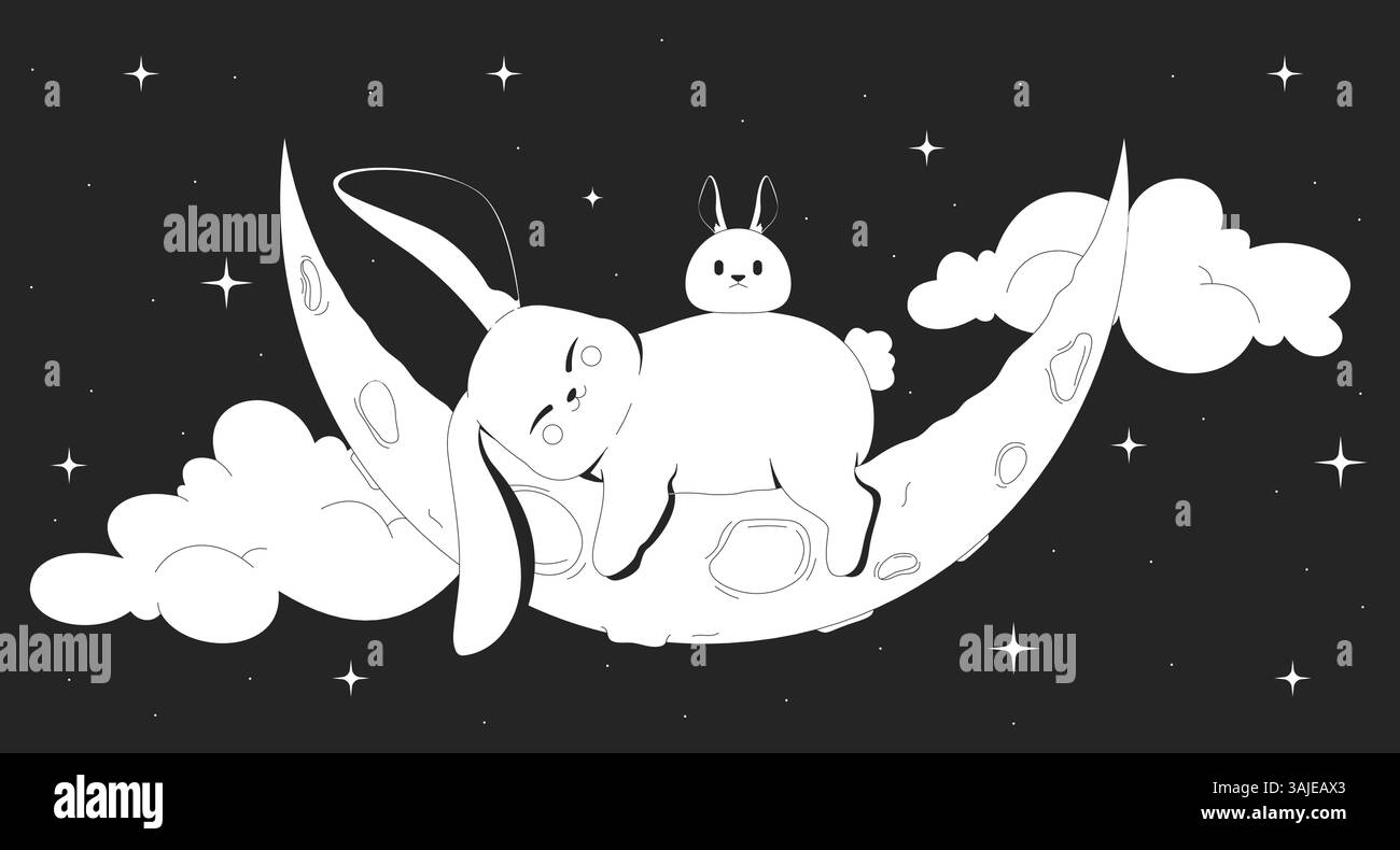 Niedliche Mondhasen schlafen auf sichelndem Nacht-Lofi-Illustration-Umriss Stock Vektor