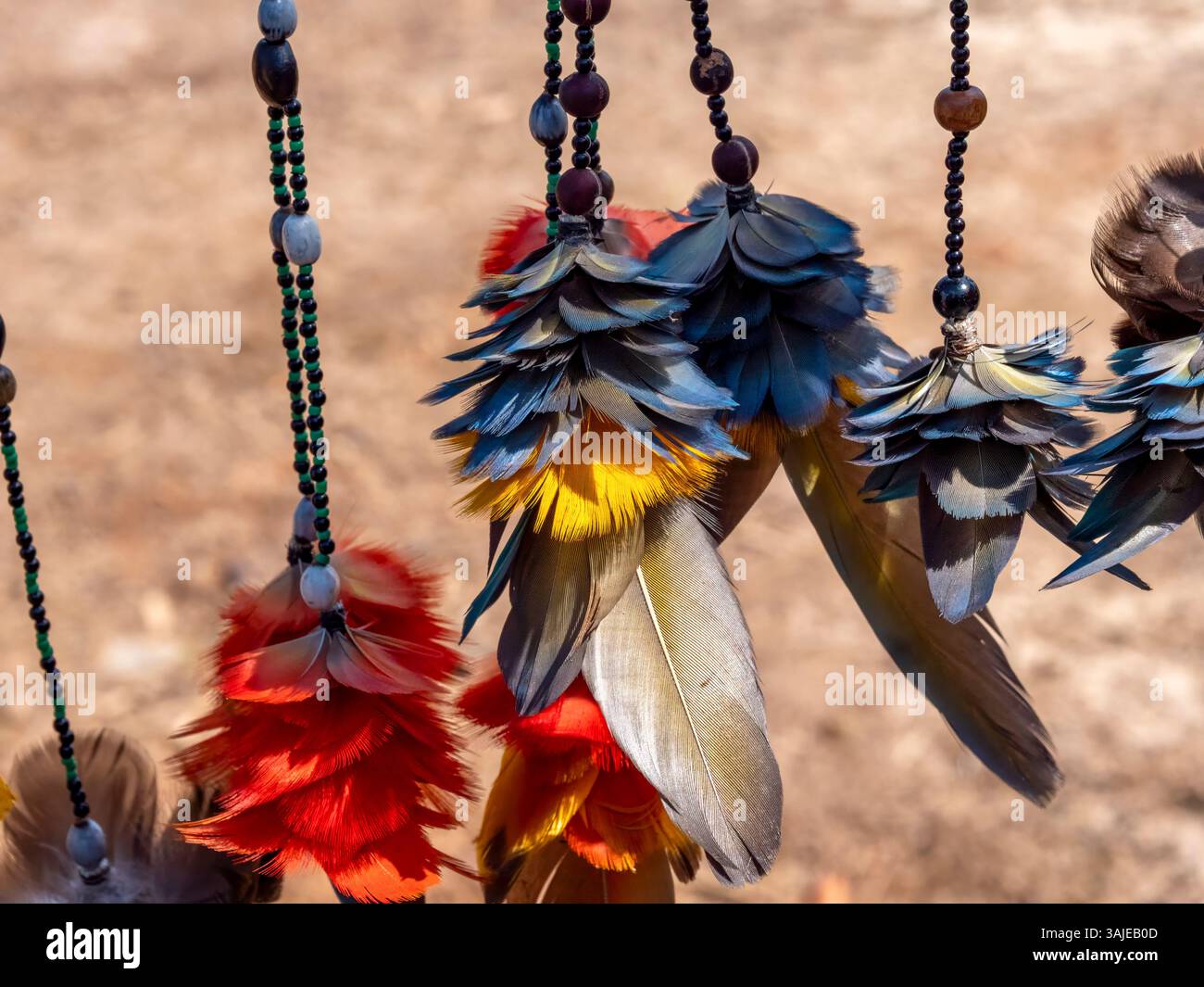 Wunderschöne Federschmuck der Ticuna, die im Amazonasgebiet leben. Die Ticuna-Indianer leben in der Region Tres Fronteras im Bundesstaat Amazonas in Brazi Stockfoto