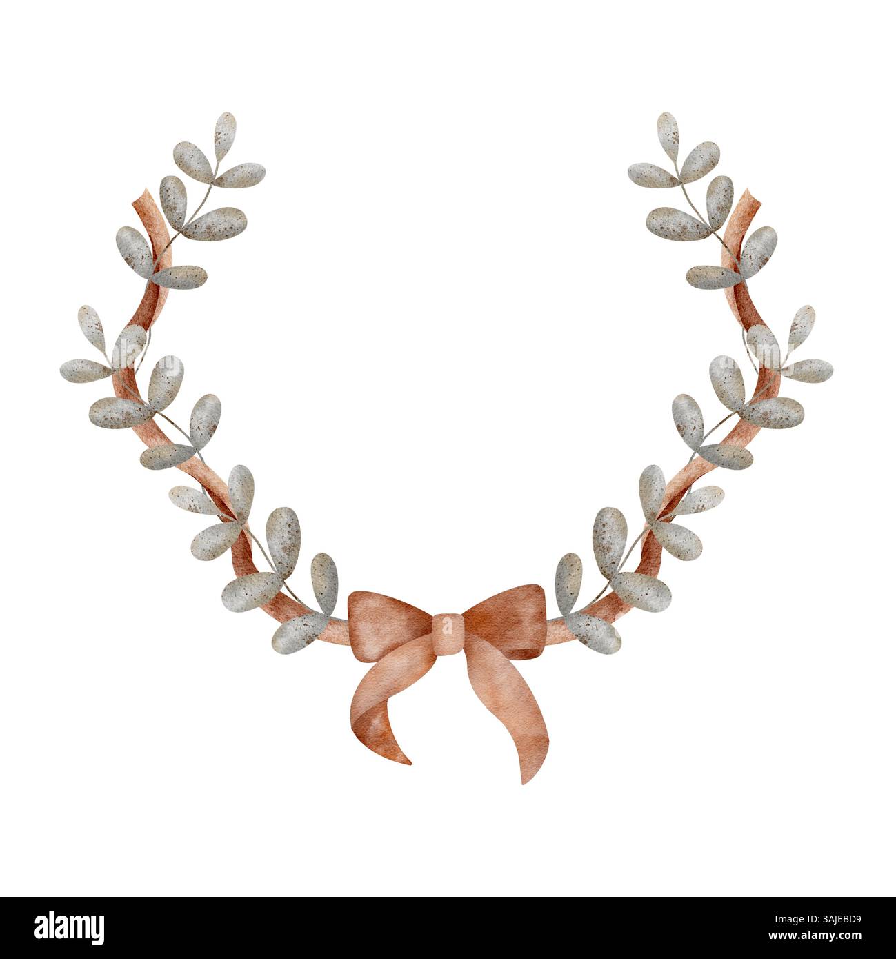 Aquarellkranz Illustrationen rote Schleife, Bänder, Blätter, Äste, Pflanzen. Vintage-Rahmen im Retro-Stil auf Hintergrund, Vorlage für Karten Stockfoto