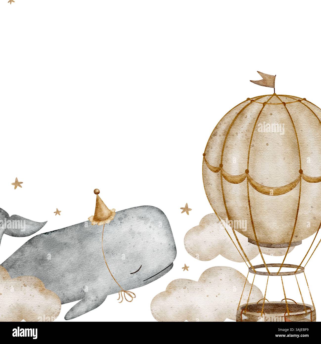Aquarellrahmen Pottwale, cachalot, Wolken, Ballons, Traumfliegen im Himmel. Handgezeichnete Illustration im Vintage-Stil. Vorlage für untergeordnete Konstruktionen Stockfoto