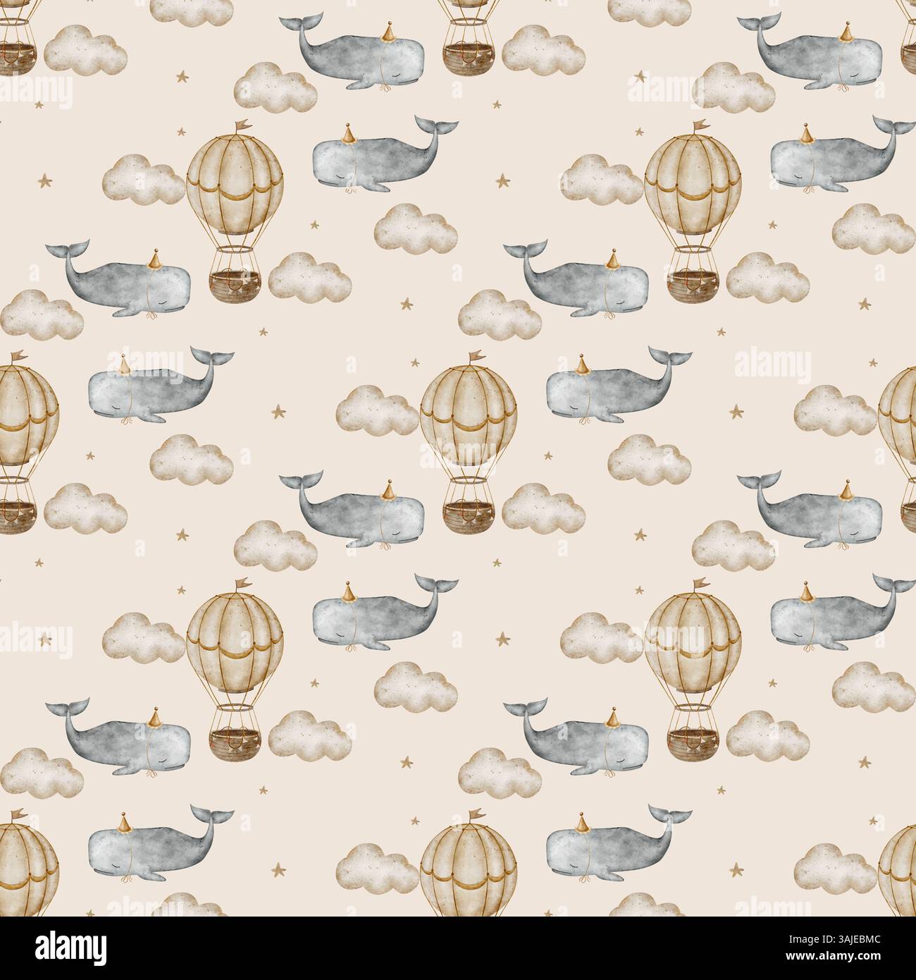 Vintage Wale, Pottwale, Ballons, Wolken. Nahtloses Design für Kinder im Retro-Stil. Illustration auf farbigem Beige, Pastellfarben Stockfoto