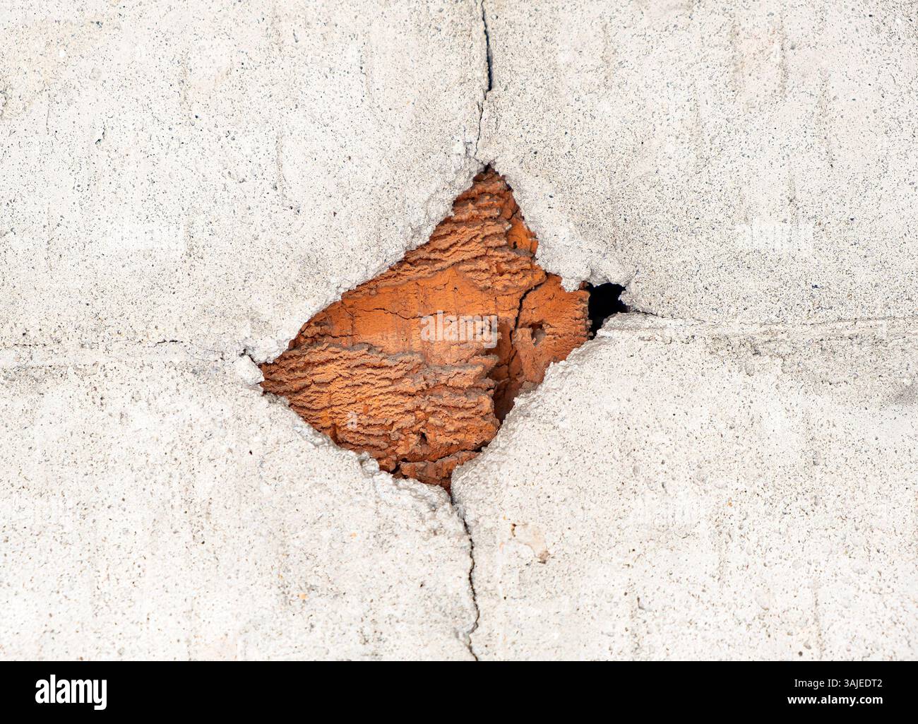 Großes Loch in der Nähe der Steinmauer Stockfoto
