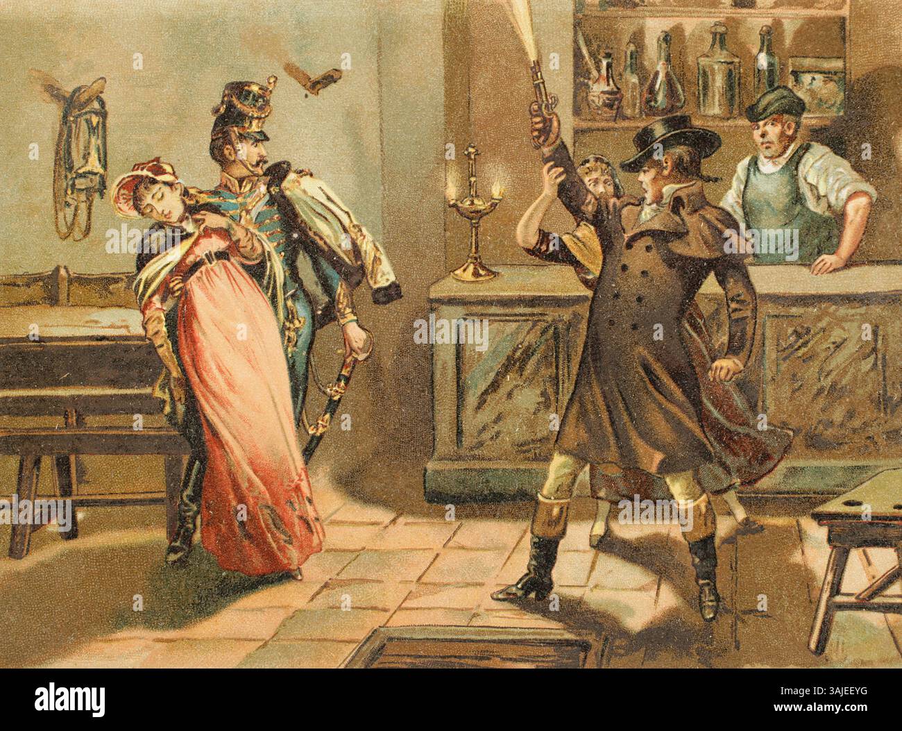 Der Schuss ging aus und die Kugel durchdrang die Decke. Chromolithographie. El Grito de Independencia (der Schrei nach Unabhängigkeit), von Carlos Mendoza. Veröffentlicht in Barcelona, 1890. Stockfoto