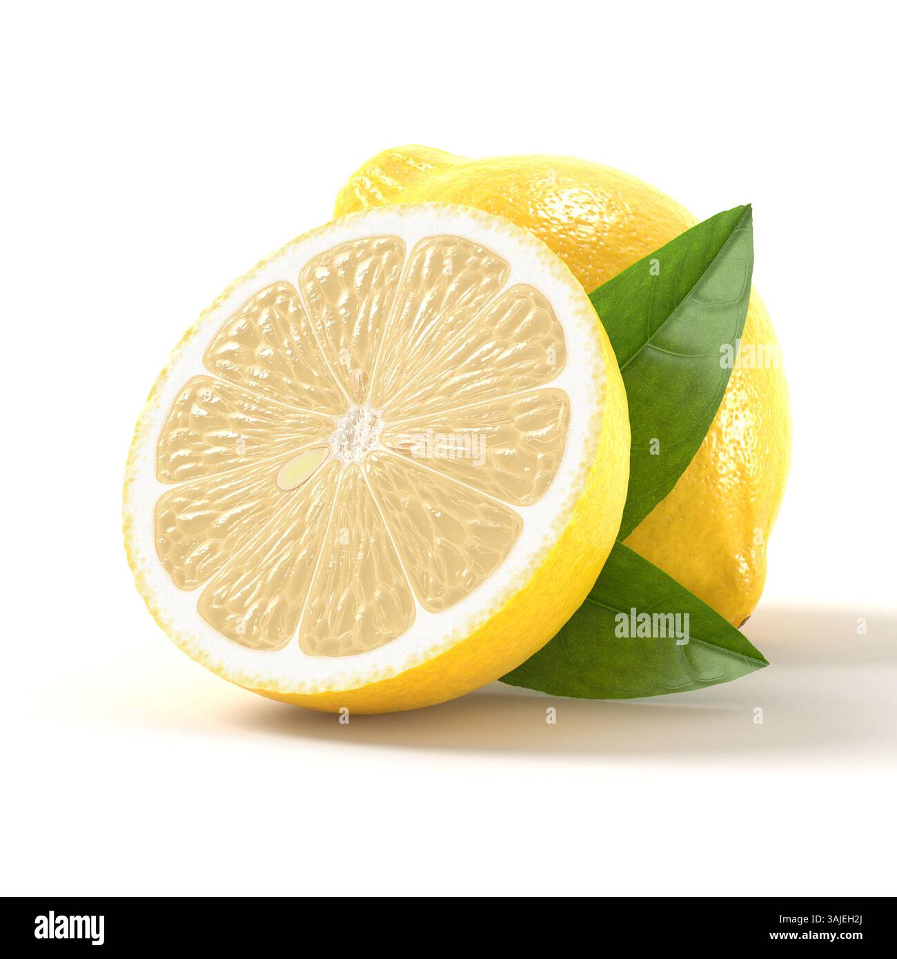 Frische knusprige lebendige Zitrone halb und ganz mit grünen Blättern isoliert auf weißem Hintergrund Stockfoto Frische knusprige lebendige Zitrone halb und ganz mit grünen Blättern isoliert auf weißem Hintergrund Stockfoto