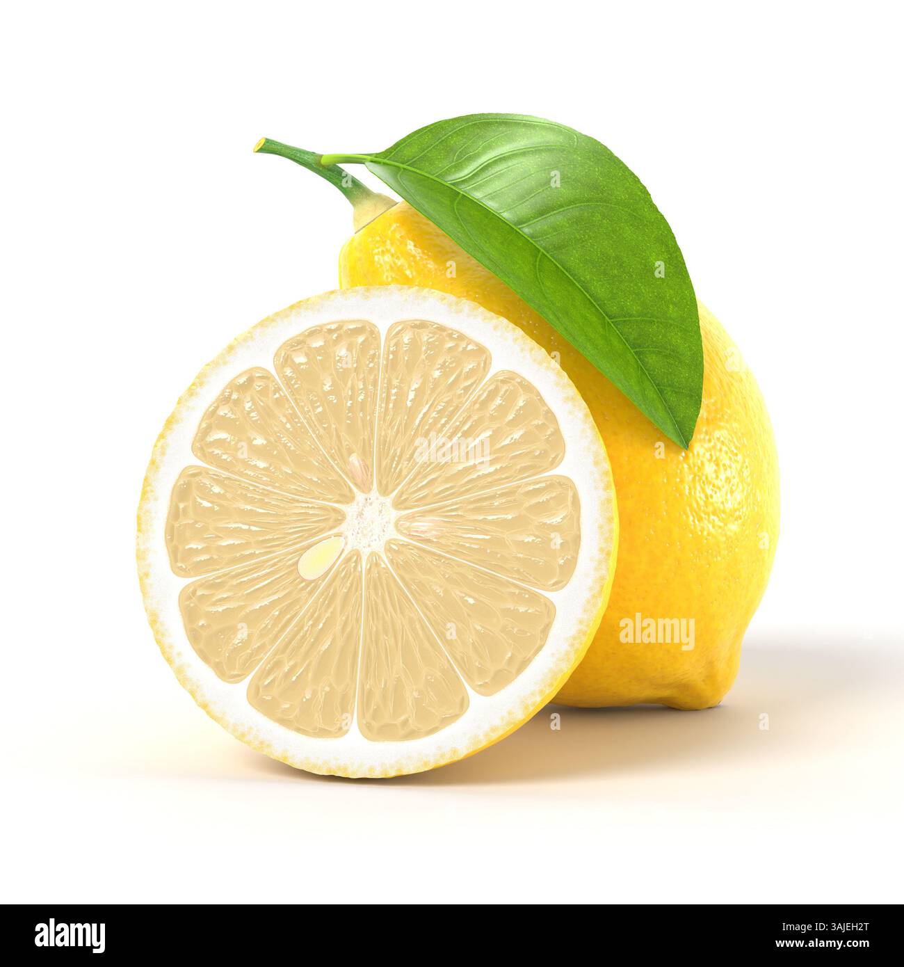 Frische knusprige lebendige Zitrone halb und ganz mit grünen Blättern isoliert auf weißem Hintergrund Stockfoto Frische knusprige lebendige Zitrone halb und ganz mit grünen Blättern isoliert auf weißem Hintergrund Stockfoto