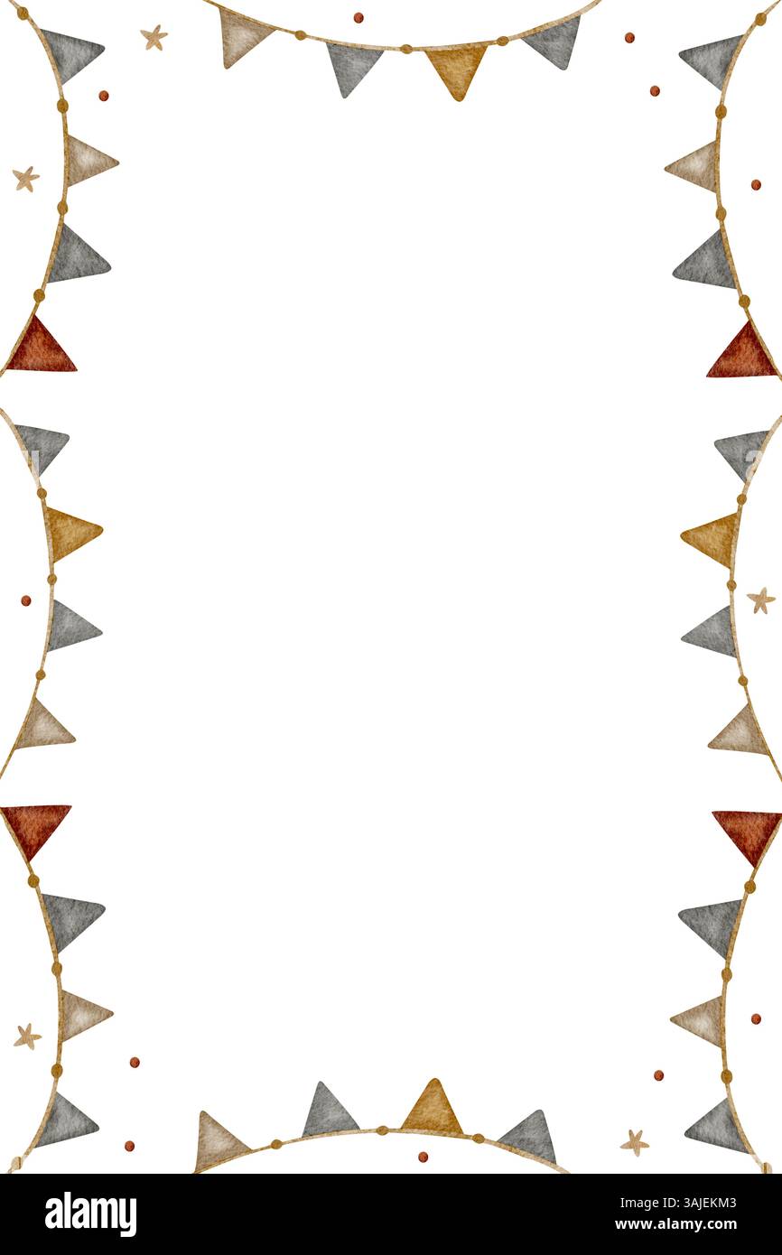 Rahmen rechteckige Girlande aus dreieckigen Fahnen, Sternen, Punkten. Aquarellillustration im Cartoon-Stil für Kindereinladungen, Karten, Poster Stockfoto