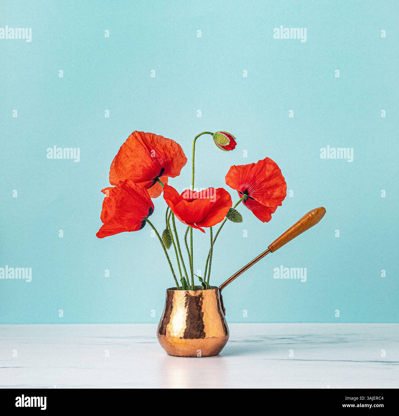 Mohnblumen in Kupferkaffeekanne Stockfoto