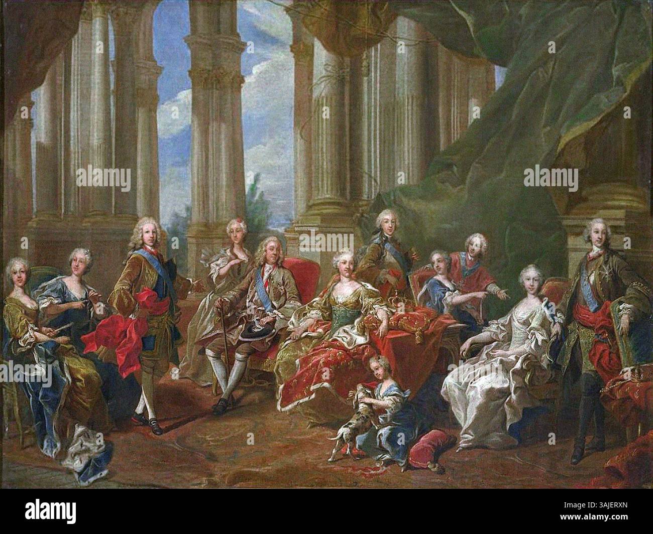 Louis-Michel van Loos Gemälde „die Familie Philipps V.“ aus dem Jahr 1745 zeigt die spanische Königsfamilie aus dem Jahr 1738 mit König Philipp V. und seiner Familie. Das Öl auf Leinwand ist Teil der Sammlung Schloss von Versailles und enthält ein Porträt von Louise Elisabeth von Frankreich. Stockfoto