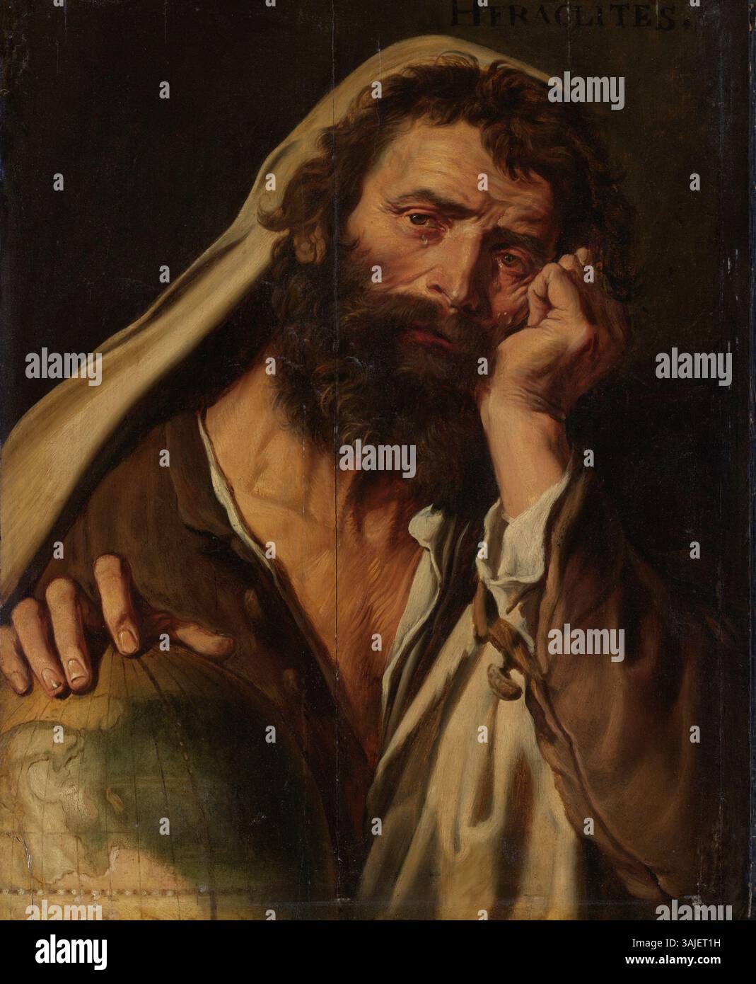 Dieses Gemälde von Abraham Janssens, das zwischen 1601 und 1602 entstanden ist, zeigt den griechischen Philosophen Heraklitus. Das Kunstwerk Oil on Panel erforscht den tiefen meditativen Ausdruck des Philosophen. Stockfoto