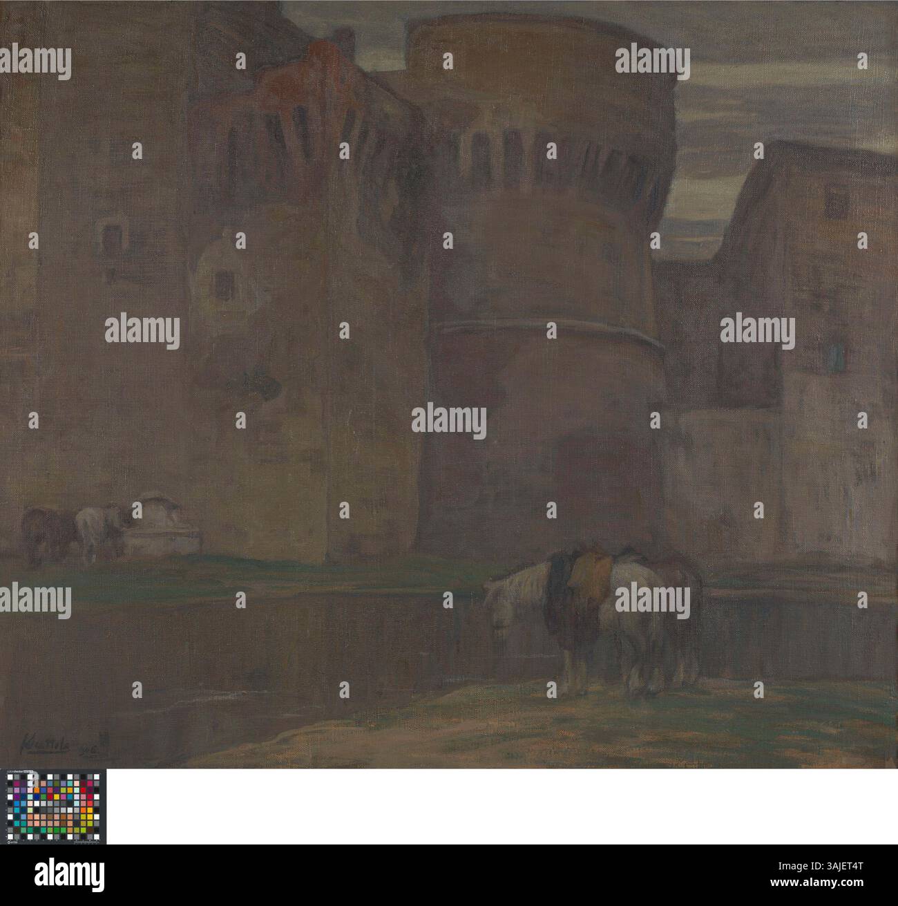 Ferruccio Scattolas Gemälde „Ein Schloss in Umbrien“ aus dem Jahr 1906 fängt die Schönheit der italienischen Stadt ein. Das Öl auf Leinwand zeigt eine ruhige Landschaft eines Schlosses vor den sanften Hügeln Umbriens, das im Museum der Schönen Künste Gent ausgestellt wird. Stockfoto