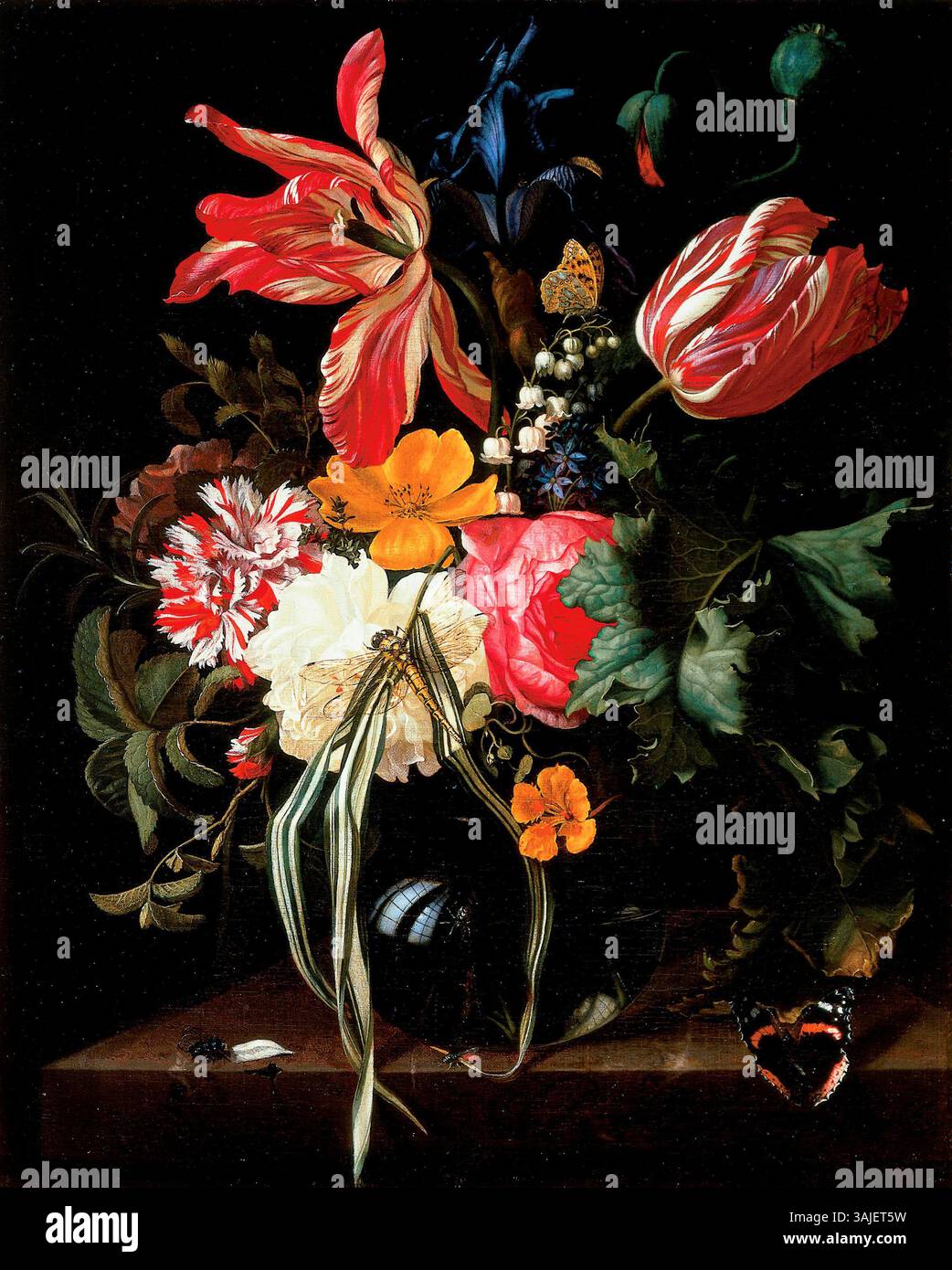 Maria van Oosterwijcks „Blumenstillleben“ aus dem Jahr 1669 ist ein erlesenes Beispiel der niederländischen barocken Blumenkunst. Das Öl-auf-Leinwand-Werk im Cincinnati Art Museum zeigt ein lebendiges Blumenarrangement in einem detaillierten und realistischen Stil. Stockfoto