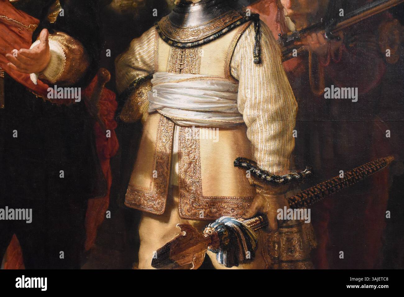 Ein Detail aus Rembrandts berühmtem Gemälde „die Nachtwache“, das die Gesellschaft von Frans zeigt, die Cocq und Willem van Ruytenburch verbietet. Dieses berühmte Gemälde aus dem Jahr 1642 befindet sich im Rijksmuseum. Stockfoto