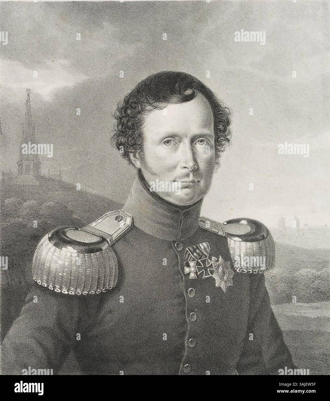 Diese Lithografie von Franz Krüger aus dem Jahr 1825 stellt König Friedrich Wilhelm III. Von Preußen dar. Das detailreiche Werk fängt den Monarchen in einer formalen, königlichen Pose ein und zeigt die feine lithographische Technik dieser Zeit. Stockfoto