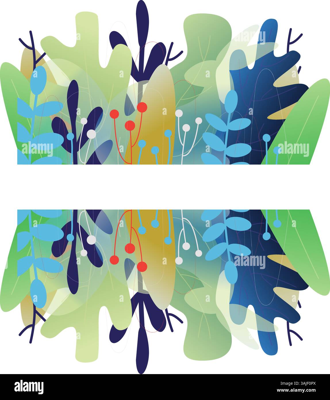 Frühlingsbanner mit Blumen, Blättern und Platz für Text. Landschaft Frühlingsgarten Osterbanner. Rahmen aus Blumen und Grün für Sommermotive. Stock Vektor