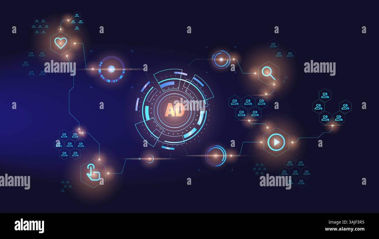 Netzwerk-Werbenetzwerk mit dunklem Thema, mit zentralem AD-Hub und Verbindungen zu verschiedenen Benutzergruppen. Online-Werbestrategien, soziale Medien Stock Vektor