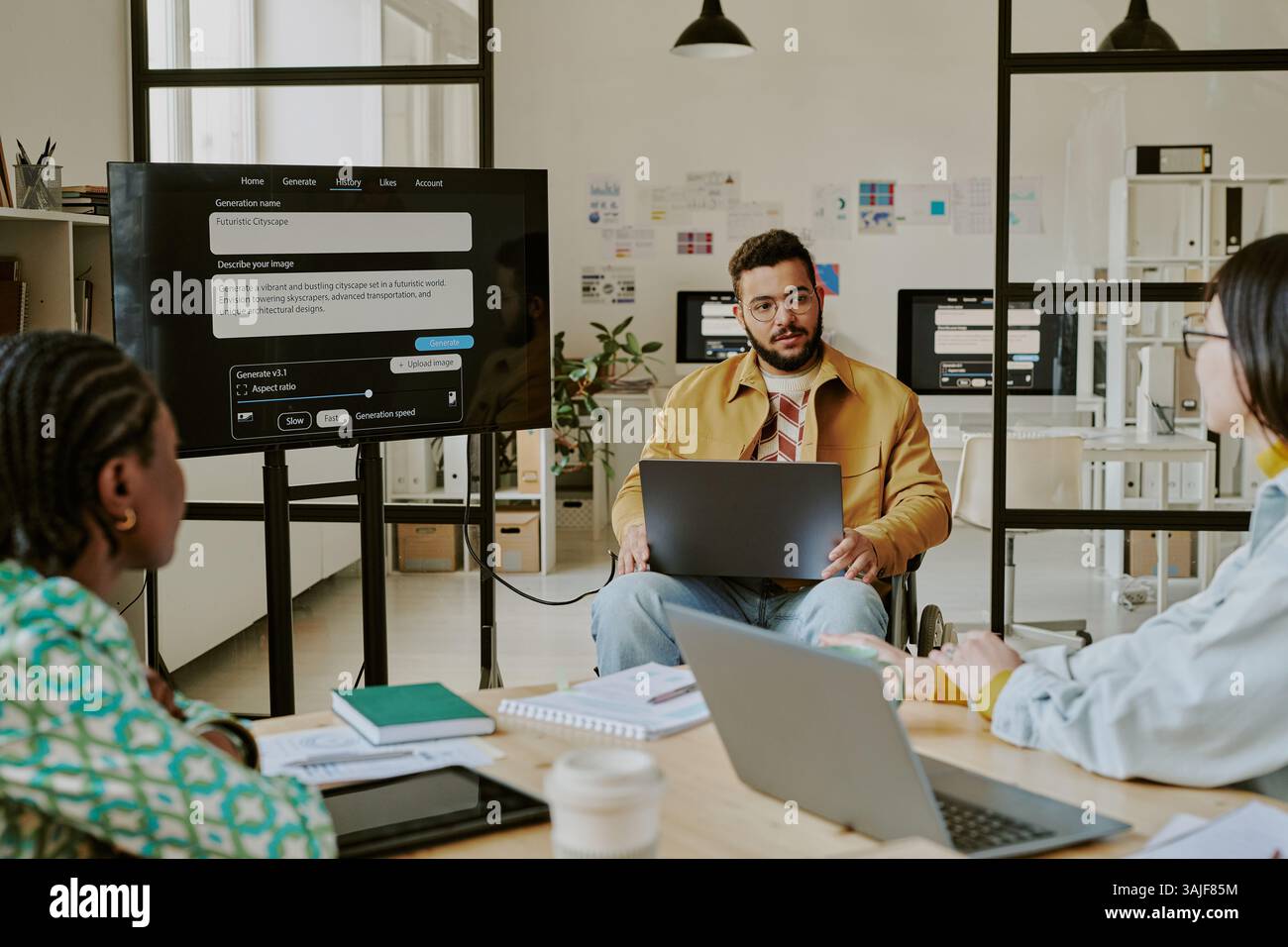 Selbstbewusster Teamleiter mit Behinderung hält eine Präsentation vor IT-Spezialisten, die mit Bürobedarf und digitalen Geräten am Holztisch sitzen Stockfoto