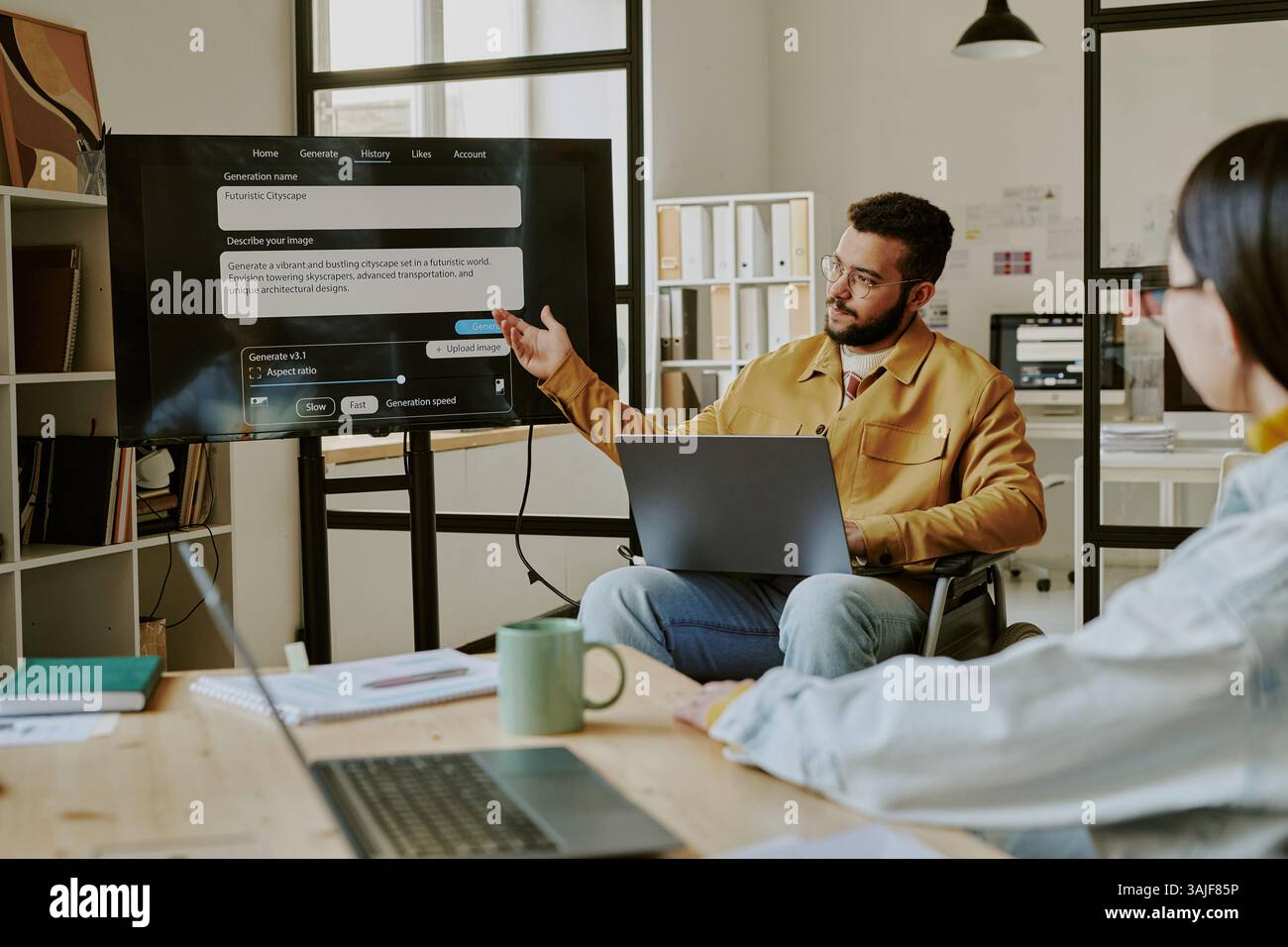 Nicht erkennbare IT-Fachfrau sitzt am Holztisch und hört dem Teamleiter aufmerksam zu. Professionelle Teamleiterin mit Behinderung hält Präsentation im Büro Stockfoto