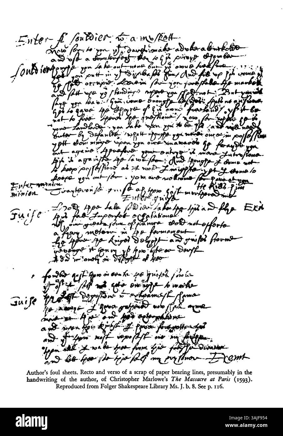 CHRISTOPHER MARLOWE (1564–1593) englischer Dramatiker, Dichter und Spion. Ein Text des Massakers in Paris (1593), wahrscheinlich in Marlowes eigener Hand in der Folger Shakespeare Library Stockfoto