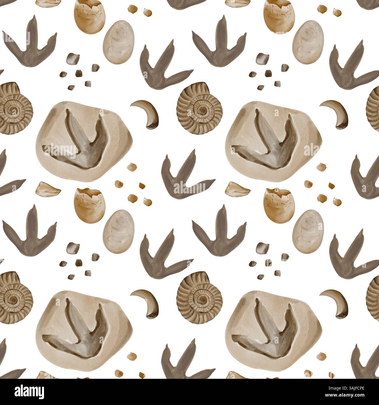 Nahtloses Muster mit Fossilien. Dinosaurier-Fußabdrücke. Reptilieneier. Steine und Kieselsteine. Aquarellabbildung ohne Hintergrund. Handgezeichnet. Zähne Stockfoto