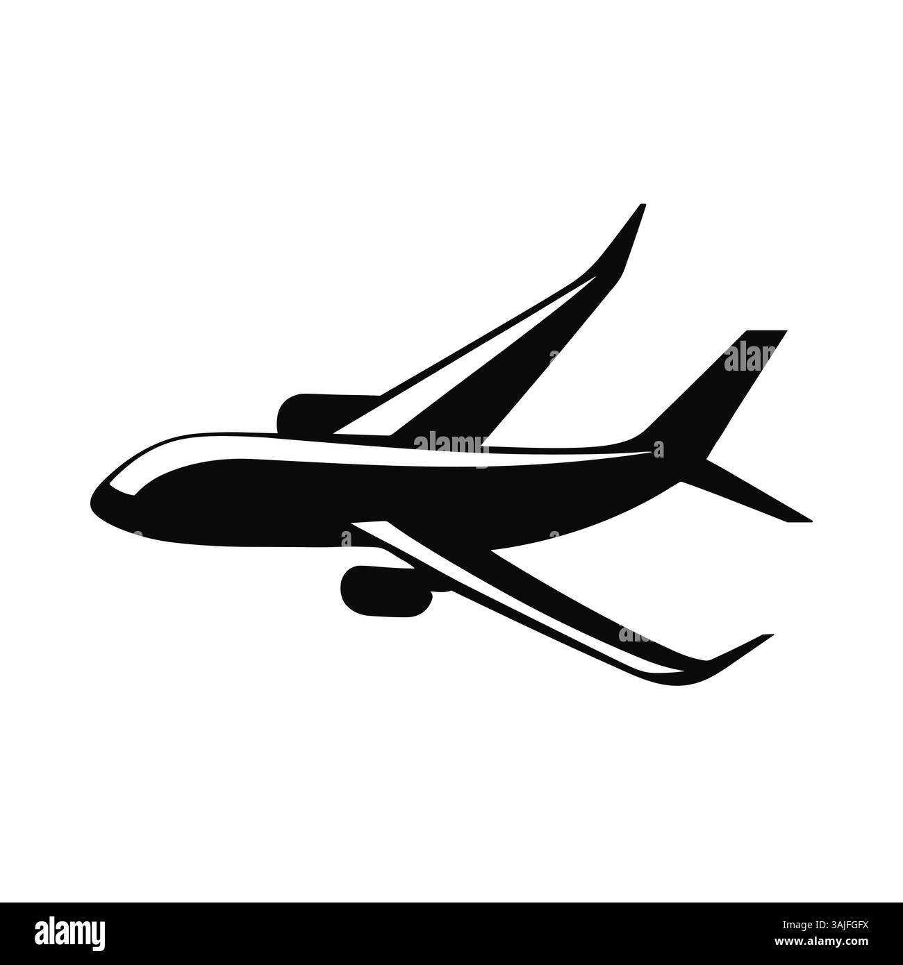 Schwarzes Silhouette Flugzeug am Himmel, Vektorsymbol isoliert auf weißem Hintergrund Stock Vektor