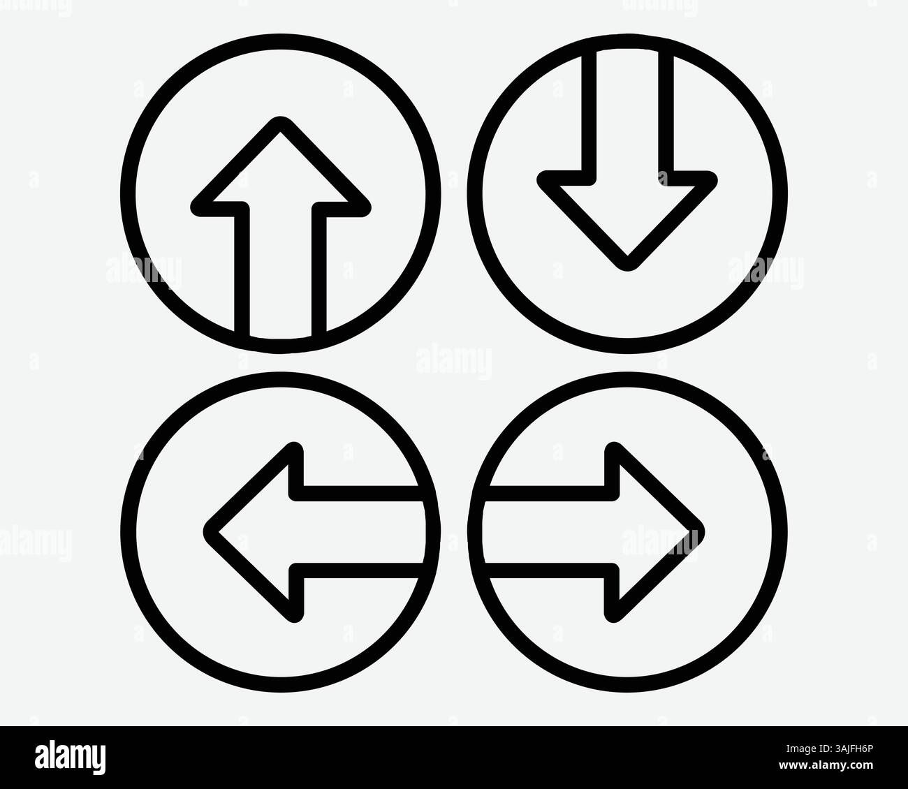 Vier Pfeile Zeigen Nach Oben Unten Links Rechts 4 Zeiger Punkt Nord Süd Ost West Umrisse Kreis Runde Pfeilspitzen Schwarze Linie Vektor Symbol Zeichen Symbol Stock Vektor