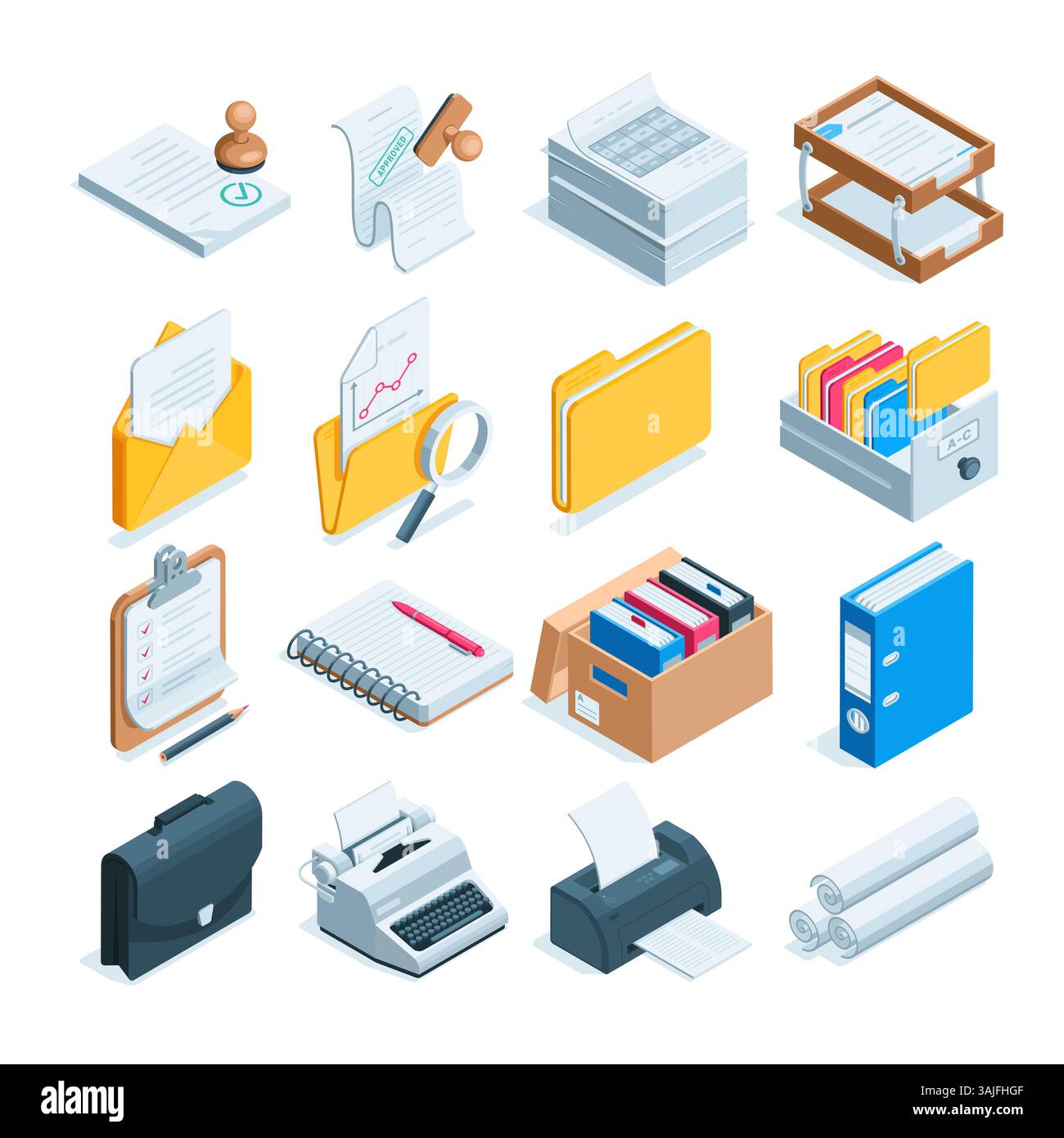 Isometrischer Satz von Symbolen zum Thema Arbeiten mit Papier, in Farbe auf weißem Hintergrund, Schreibmaschine mit Ordnern und Dokumenten Stock Vektor