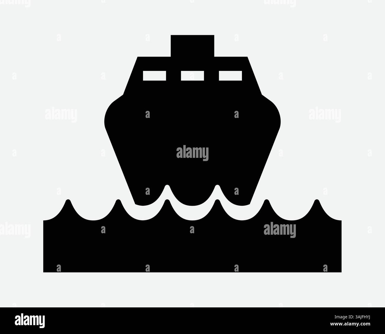 Schiff Vorderansicht Schifffahrtscontainer Seeschifffahrt Segeln Angeln Fracht Industrie Maritime Ocean Liner Wasser Welle Schwarz Weiß Vektor Graphi Stock Vektor