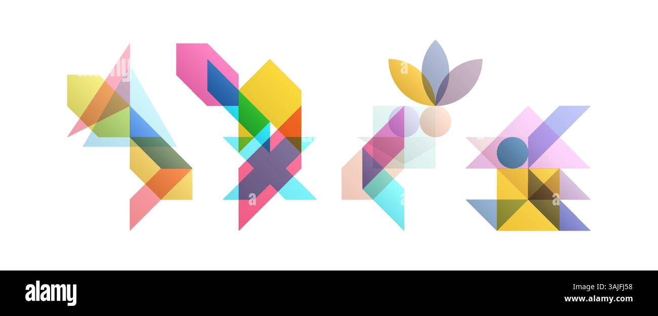 Abstraktes geometrisches Design. Vektordarstellung aus verschiedenen überlappenden Elementen. Gilt für Banner, Plakate, Poster, Flyer. Stock Vektor