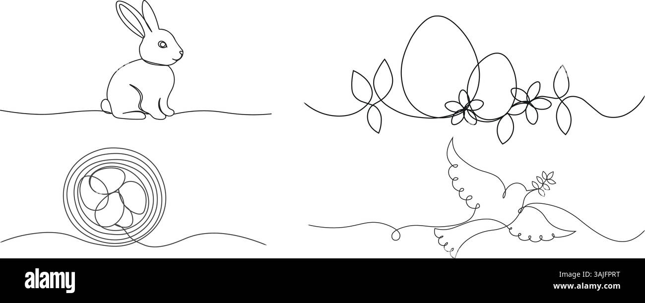 oster Line Art Kritzeleien. Eier mit Blumen und Blättern, Kaninchen, Nest mit Eiern und Taube mit Olivenzweig Stock Vektor