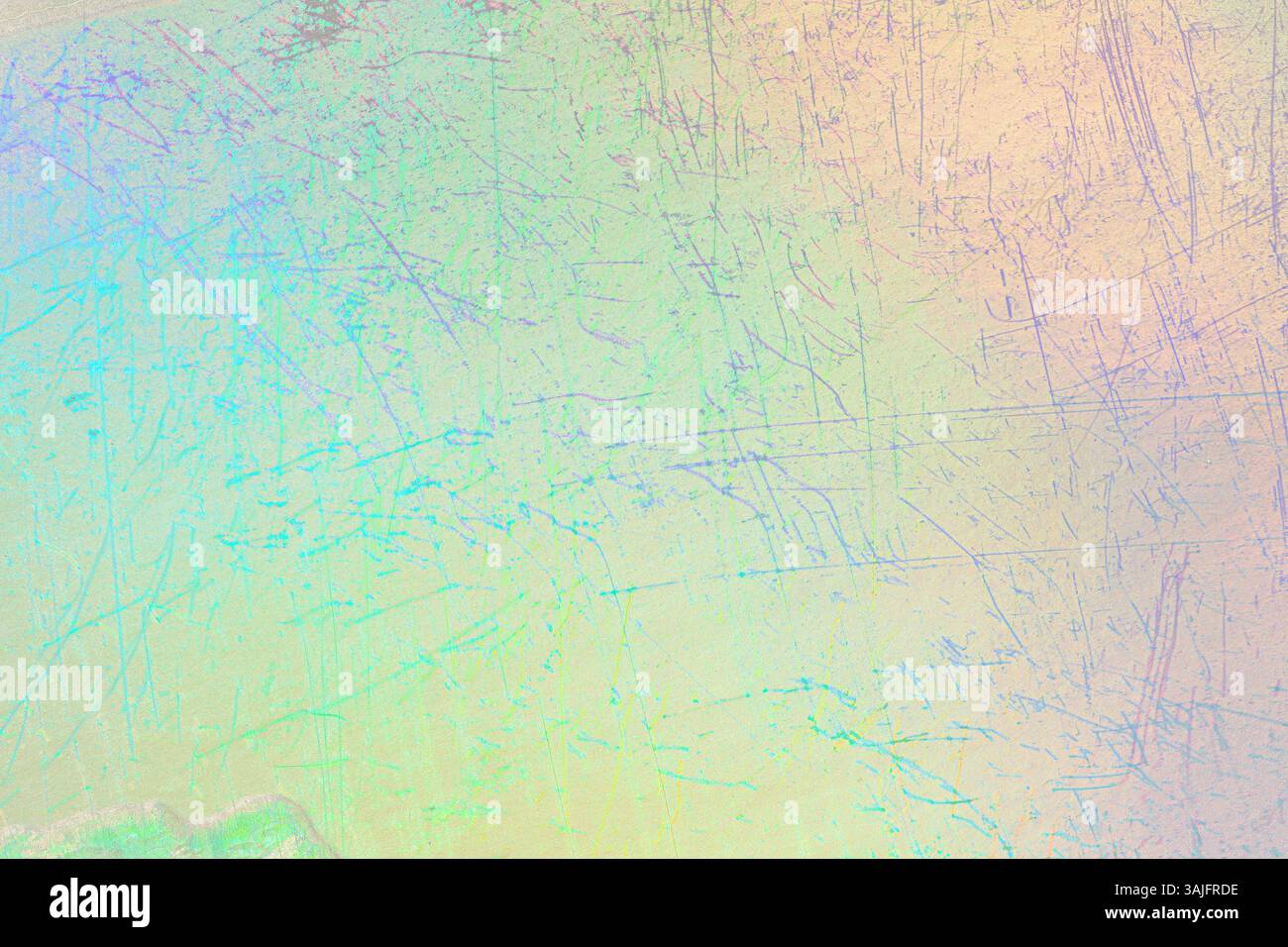 Zerkratzter, schillernder, körniger Hintergrund mit farbenfrohen Mustern und komplizierten Details aus verschiedenen Lichtwinkeln. Stockfoto