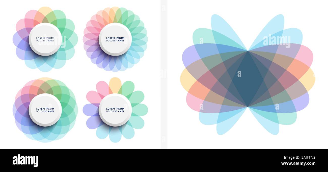 Gruppe von Kreisen überlappender durchscheinender Elemente. Blumen im geometrischen Stil. Abstraktes Knopfdesign. Vektorabbildung. Stock Vektor