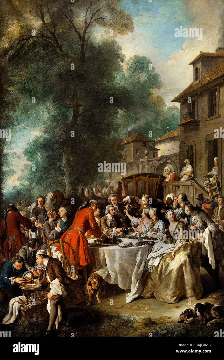 UN dejeuner de chasse - Mittagessen Jagd 1737 von Jean-Francois de Troy 1679 - 1752 Frankreich Französisch. Louvre Paris, Kunstmuseum, Frankreich, Stockfoto