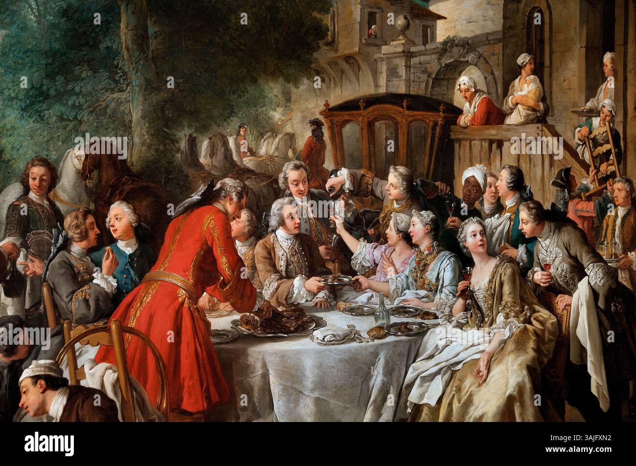UN dejeuner de chasse - Mittagessen Jagd 1737 von Jean-Francois de Troy 1679 - 1752 Frankreich Französisch. Louvre Paris, Kunstmuseum, Frankreich, Stockfoto