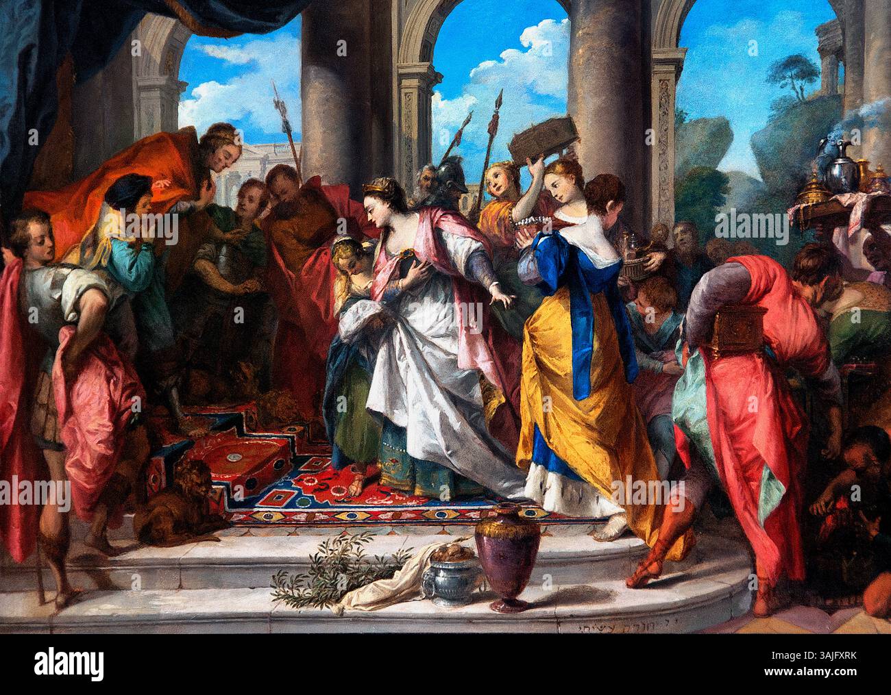 Salomon und die Königin von Saba - Salomon et la reine de Saba 1728 Nicolas VLEUGHELS 1668-1737 France French, Louvre Paris, Fine Art Museum, Frankreich, ( Königin von Saba wird oft als Königin aus dem Königreich Saba beschrieben, das sich vermutlich im heutigen Äthiopien oder im Süden Arabiens befindet. In der Bibel besucht die Königin von Saba König Salomo in Jerusalem, um seine Weisheit und seinen Reichtum zu testen. Sie stellt ihm mehrere Fragen, und nachdem er ihre Fragen überzeugend beantwortet hat, schenkt sie ihm Geschenke. Ihr Besuch wird oft als Symbol für die Verbreitung von Wissen und Reichtum angesehen. Stockfoto