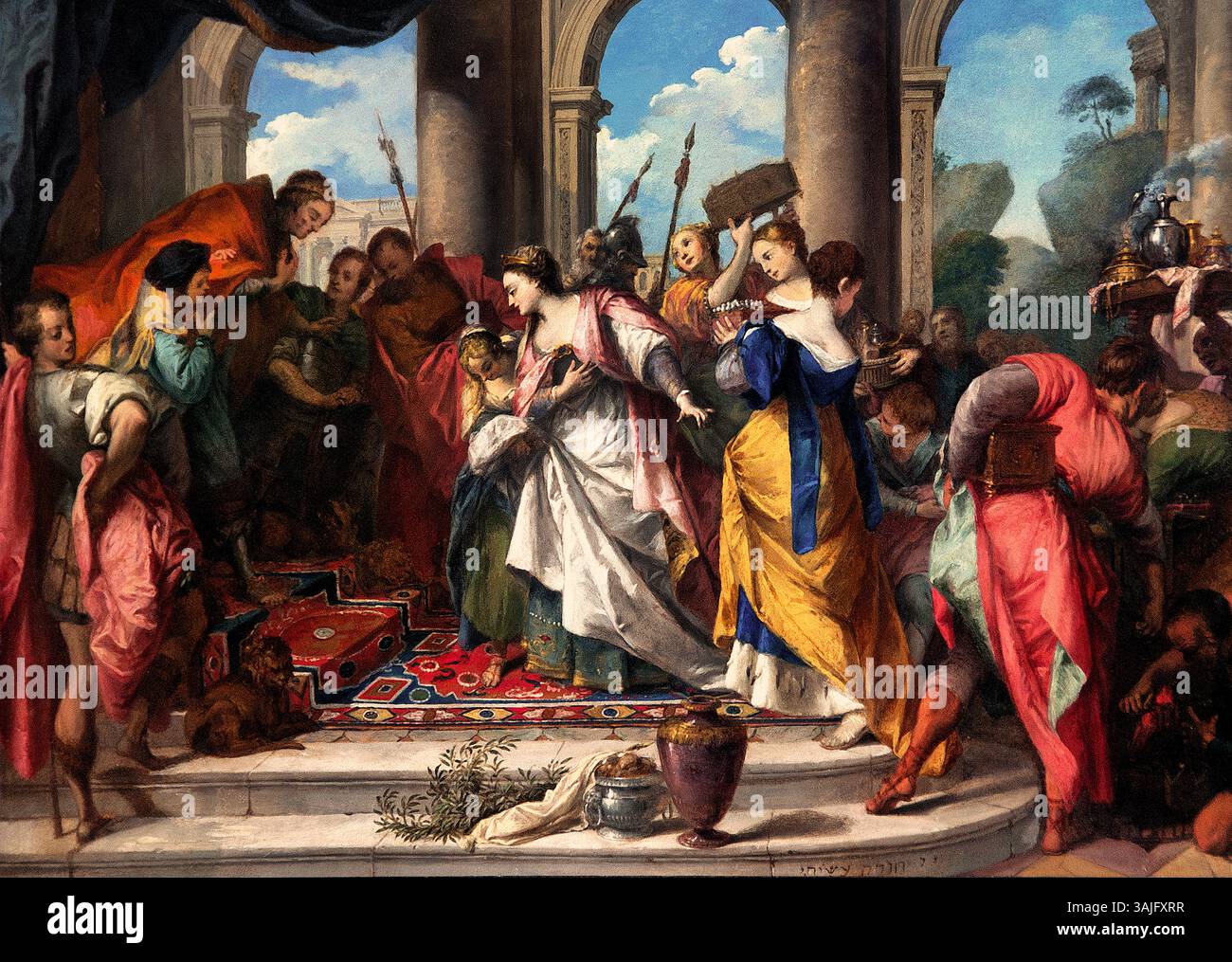 Salomon und die Königin von Saba - Salomon et la reine de Saba 1728 Nicolas VLEUGHELS 1668-1737 France French, Louvre Paris, Fine Art Museum, Frankreich, ( Königin von Saba wird oft als Königin aus dem Königreich Saba beschrieben, das sich vermutlich im heutigen Äthiopien oder im Süden Arabiens befindet. In der Bibel besucht die Königin von Saba König Salomo in Jerusalem, um seine Weisheit und seinen Reichtum zu testen. Sie stellt ihm mehrere Fragen, und nachdem er ihre Fragen überzeugend beantwortet hat, schenkt sie ihm Geschenke. Ihr Besuch wird oft als Symbol für die Verbreitung von Wissen und Reichtum angesehen. Stockfoto