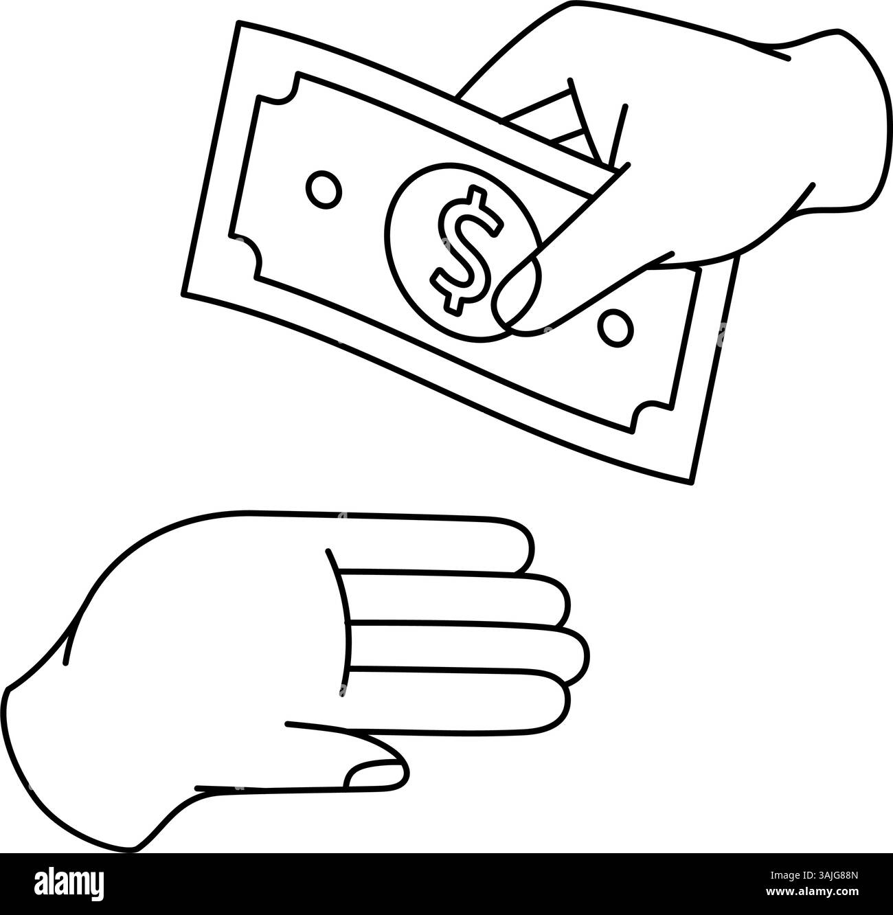 Eine Hand, die einer anderen Hand eine Dollarscheine gibt. Wirtschaft und Finanzen. Vektorabbildung. Stock Vektor