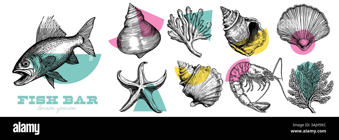 Illustration verschiedener Meeresbewohner und Muscheln, darunter ein Fisch, Seesterne, Hummer und verschiedene Arten von Muscheln, mit farbenfrohen geometrischen Formen im Hintergrund. Stock Vektor