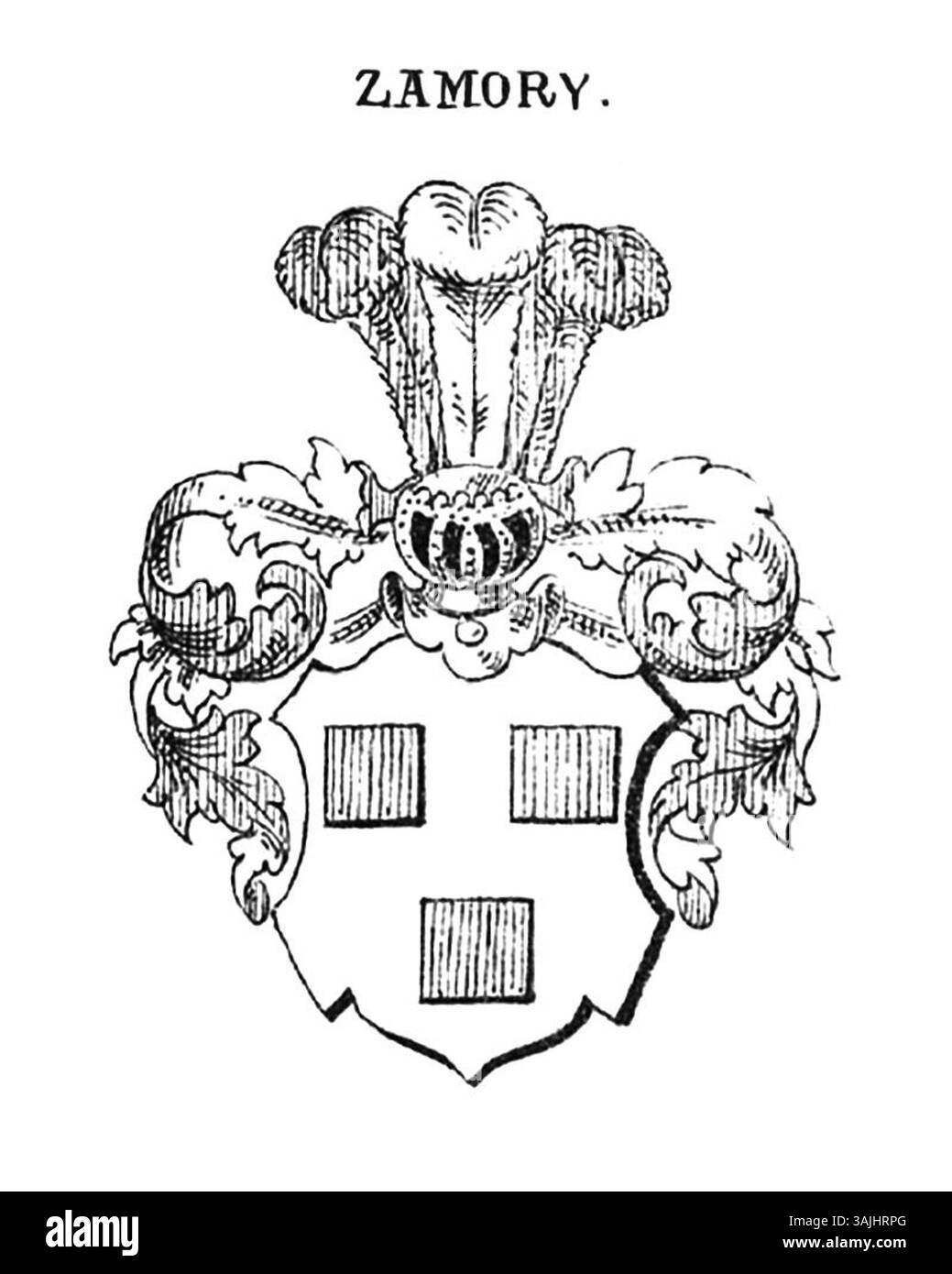 Wappen von Zamory, geschaffen von Otto Titan Hefner im Jahre 1883. Dieses heraldische Design repräsentiert die Wappen der Familie Zamory, mit traditionellen Symbolen, die Adel und Erbe zeigen. Stockfoto