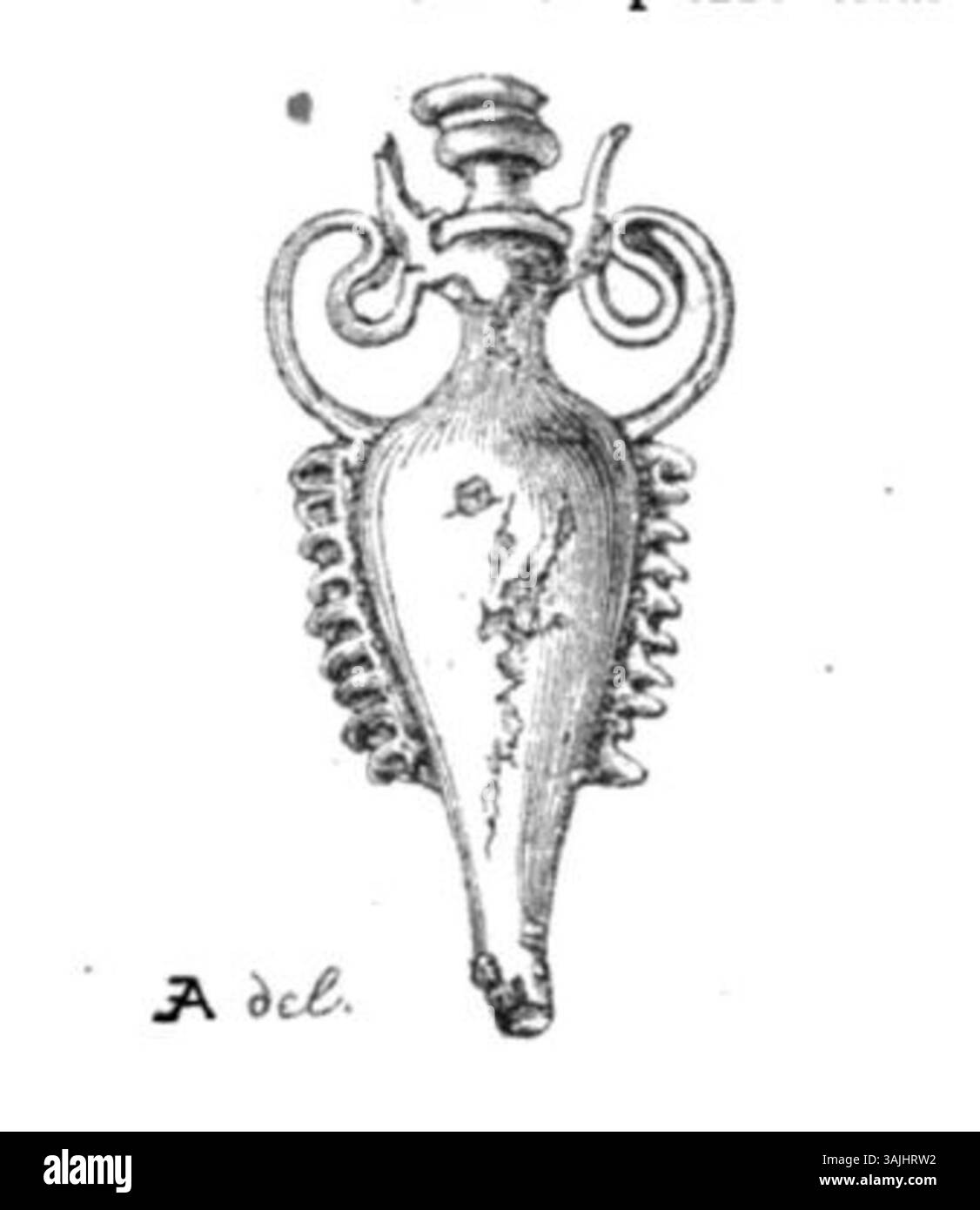 Ein Stich von Edouard Aubert aus der Zeit vor 1877 mit einer geschnitzten Specksteinvase aus der Sammlung des Prieur Gal, Musée de l'Académie de Saint-Anselme in Aoste. Der Druck spiegelt die komplizierte Handwerkskunst dieses historischen Objekts wider. Stockfoto