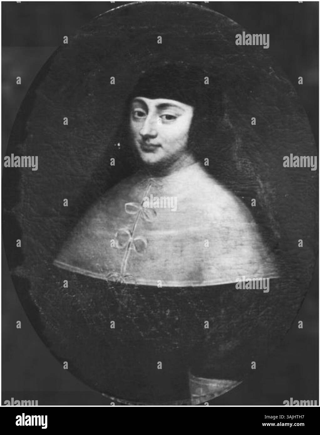 Dieses Porträt aus dem 17. Jahrhundert, das Maria Cristina von Frankreich, die Witwe von Viktor Amadeus I., darstellen soll, zeigt sie nach seinem Tod 1637 in Trauerkleidung. Das Gemälde wird einem nicht identifizierten piemontesischen Künstler zugeschrieben und befindet sich auf der Burg Masino. Stockfoto Dieses Porträt aus dem 17. Jahrhundert, das Maria Cristina von Frankreich, die Witwe von Viktor Amadeus I., darstellen soll, zeigt sie nach seinem Tod 1637 in Trauerkleidung. Das Gemälde wird einem nicht identifizierten piemontesischen Künstler zugeschrieben und befindet sich auf der Burg Masino. Stockfoto