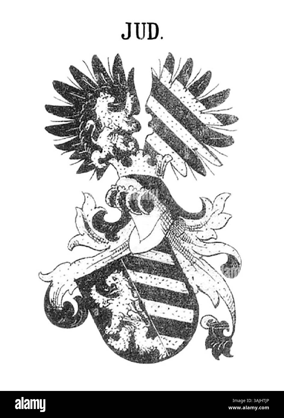 Dieses Wappen von Moritz Maria Weittenhiller aus dem Jahr 1883 zeigt die heraldischen Insignien der Familie Jud. Es repräsentiert durch sein kompliziertes Design einen edlen Status und eine Linie, die die traditionellen Elemente der europäischen Heraldik des 19. Jahrhunderts darstellt. Stockfoto
