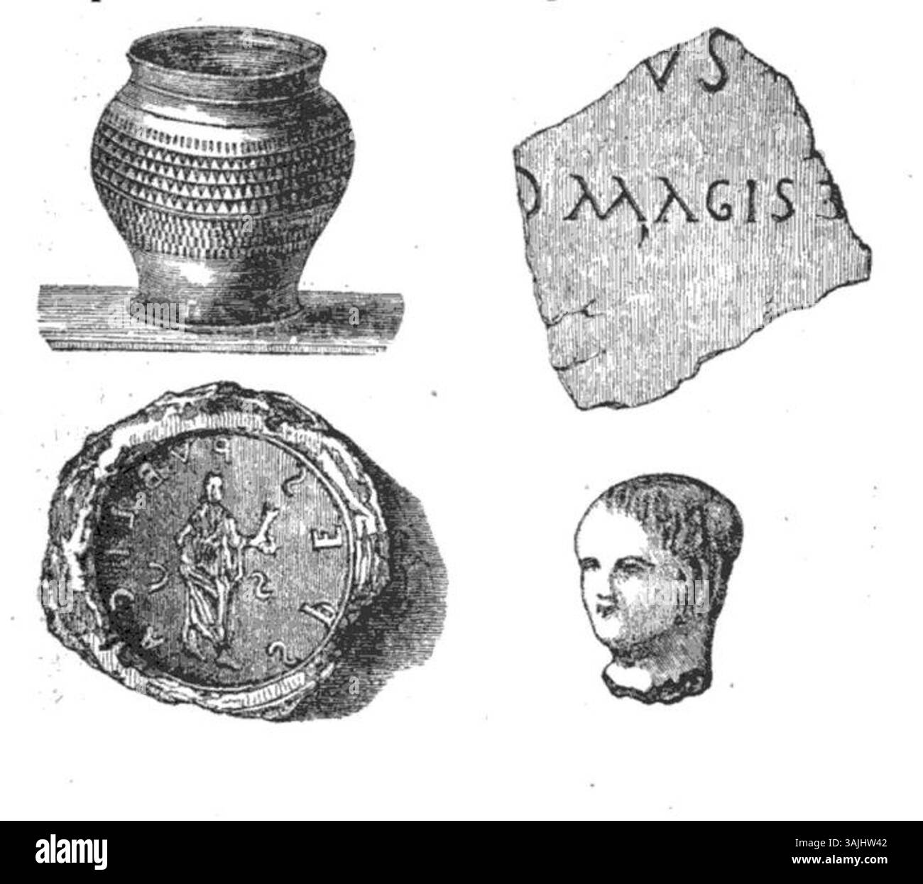 Eine Gravur von Edouard Aubert verschiedener archäologischer Objekte, darunter ein Terrakottakopf, eine Glasurne, eine Münzform und eine Bronzeinschrift, die alle im Museum der Saint-Anselme-Akademie in Aosta untergebracht sind. Stockfoto