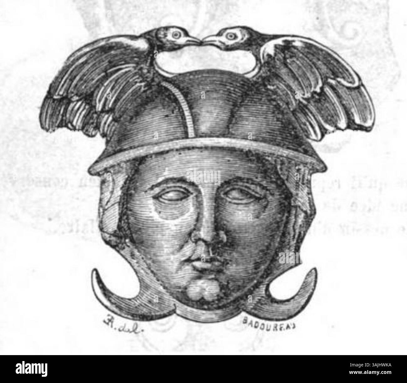 Ein Kupferstich von Edouard Aubert eines Bronzekopfes des Perseus, der vor 1877 auf der Route des Großen Heiligen Bernhard in Aosta gefunden wurde, wahrscheinlich ein Ex-Voto für den Tempel des Jupiter Pennin. Stockfoto