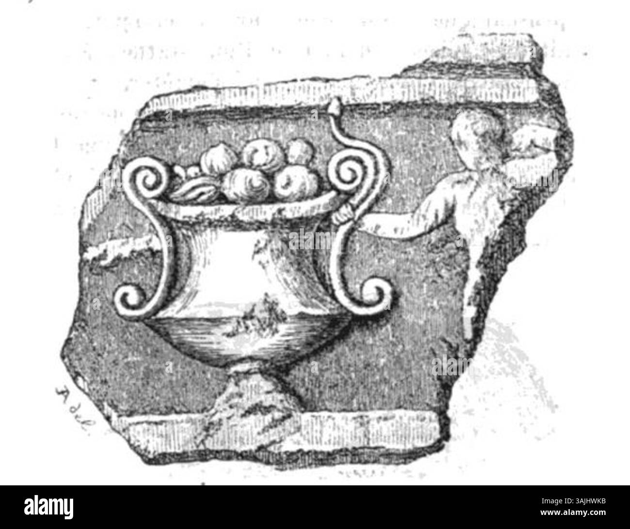 Edouard Auberts Stich zeigt ein Fragment eines weißen Marmorreliefs aus der Sammlung Prieur Gal im Museum der Akademie von Saint-Anselme, Aosta. Das Stück ist ein Beispiel klassischer Marmorkunst aus der Antike. Stockfoto